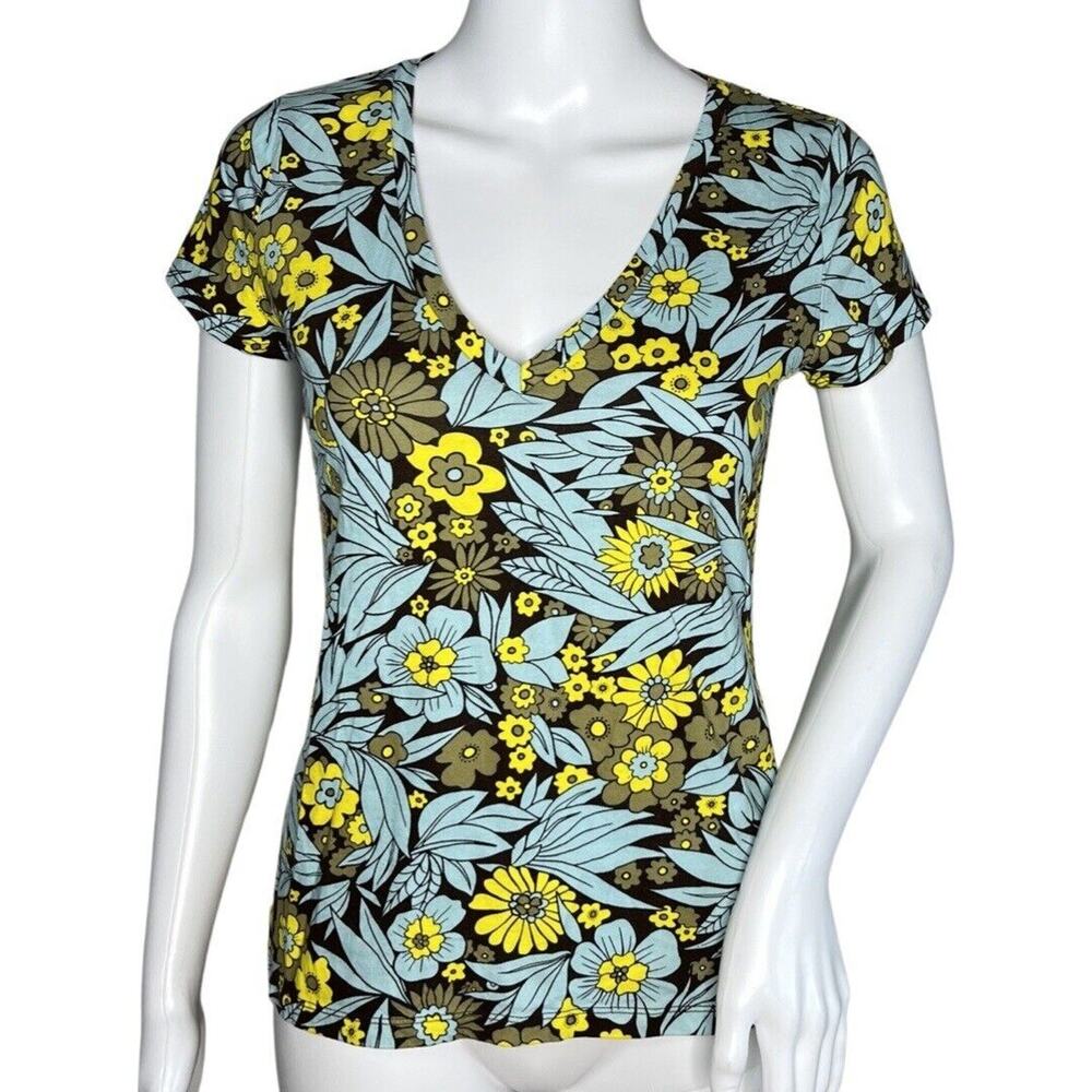 INC International Concepts XS Blue Yellow Floral V Neck Y2K Retro Fitted Top